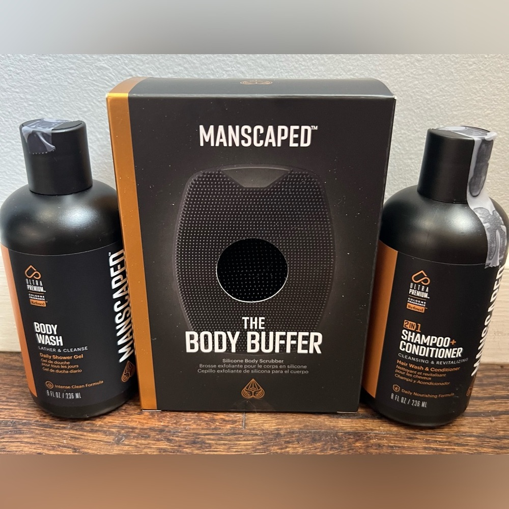 NWT MANSCAPED 3 PIECE SET - Body Buffer + Body Wash + Shampoo Conditioner NEW